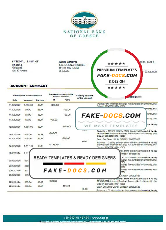 Greece National Bank of Greece proof of address bank statement template in Word and PDF format, .doc and .pdf format Greece National Bank of Greece proof of address bank statement template in Word and PDF format, .doc and .pdf format