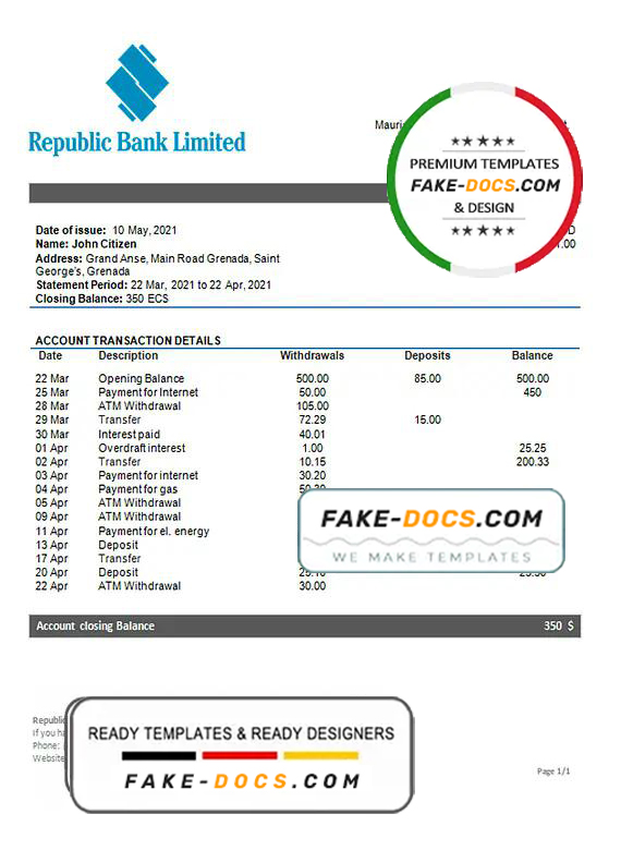 Grenada Republic bank statement template in Word and PDF format Grenada Republic bank statement template in Word and PDF format