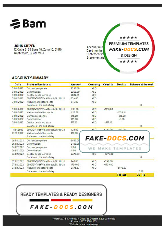 Guatemala Agromercantil proof of address bank statement template in Word and PDF format (.doc and .pdf) Guatemala Agromercantil proof of address bank statement template in Word and PDF format (.doc and .pdf)