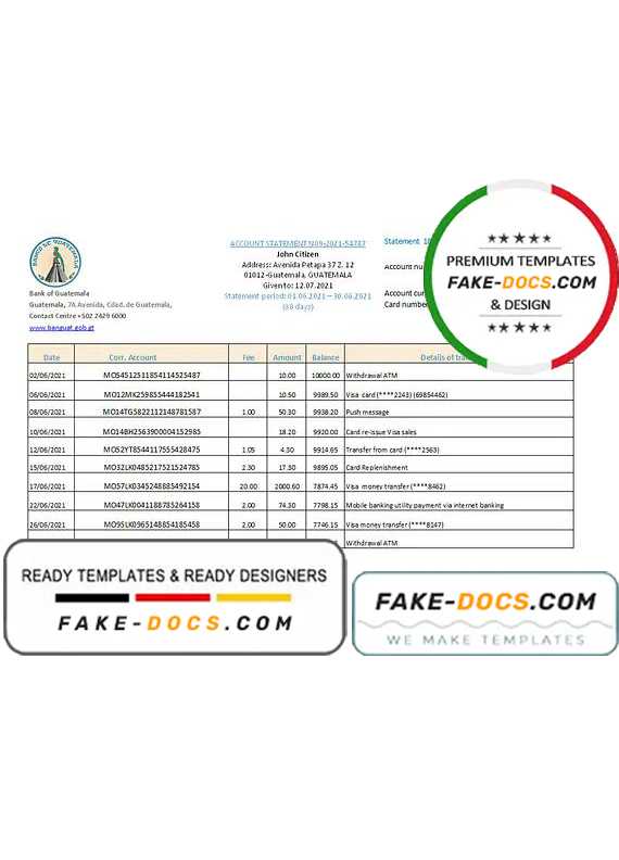 Guatemala Banco de Guatemala bank statement easy to fill template in Excel and PDF format Guatemala Banco de Guatemala bank statement easy to fill template in Excel and PDF format