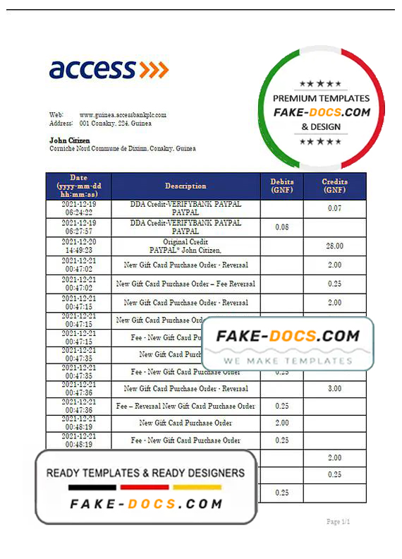 Guinea Access proof of address bank statement template in Word and PDF format Guinea Access proof of address bank statement template in Word and PDF format
