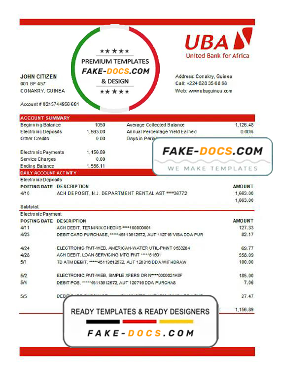 Guinea UBA Bank statement template in Excel and PDF format Guinea UBA Bank statement template in Excel and PDF format