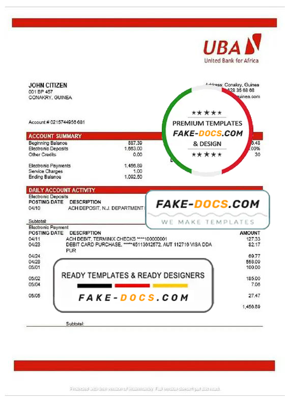 Guinea UBA Bank statement template in Word and PDF format, good for address prove Guinea UBA Bank statement template in Word and PDF format, good for address prove