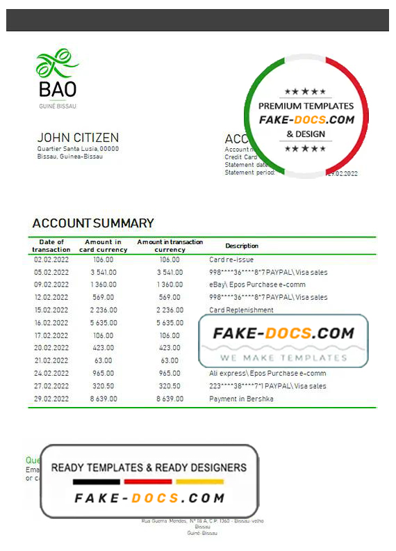 Guinea-Bissau Banco da Africa Ocidental proof of address bank statement template in Word and PDF format Guinea-Bissau Banco da Africa Ocidental proof of address bank statement template in Word and PDF format