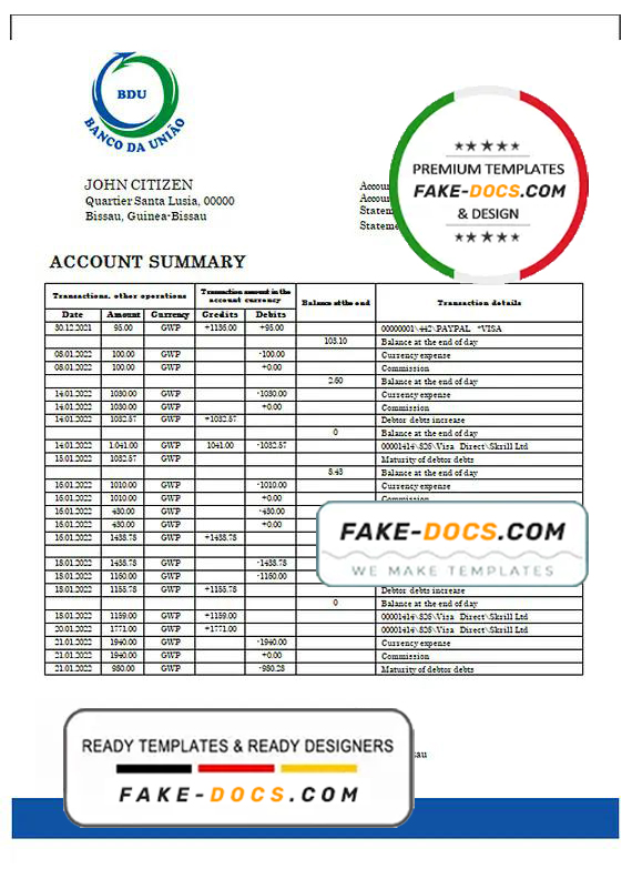 Guinea-Bissau Banco da Uniao proof of address bank statement template in Word and PDF format Guinea-Bissau Banco da Uniao proof of address bank statement template in Word and PDF format
