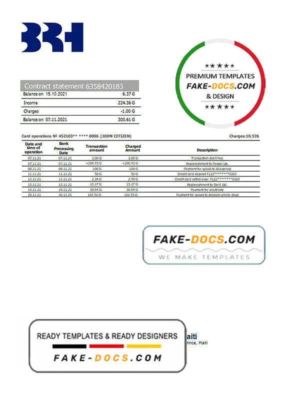 Haiti BRH bank statement template in Word and PDF format Haiti BRH bank statement template in Word and PDF format