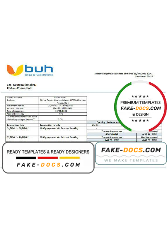 Haiti BUH bank statement template in Word and PDF format Haiti BUH bank statement template in Word and PDF format