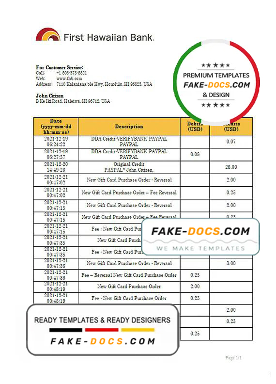 Hawaii First Hawaiian Bank statement bank statement template in Word and PDF format Hawaii First Hawaiian Bank statement bank statement template in Word and PDF format
