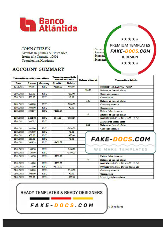 Honduras Banco Atlantida Bank statement template in Word and PDF format Honduras Banco Atlantida Bank statement template in Word and PDF format