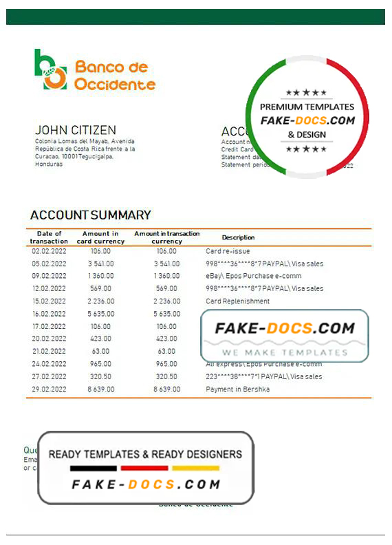 Honduras Banco de Occidente Bank statement template in Word and PDF format Honduras Banco de Occidente Bank statement template in Word and PDF format