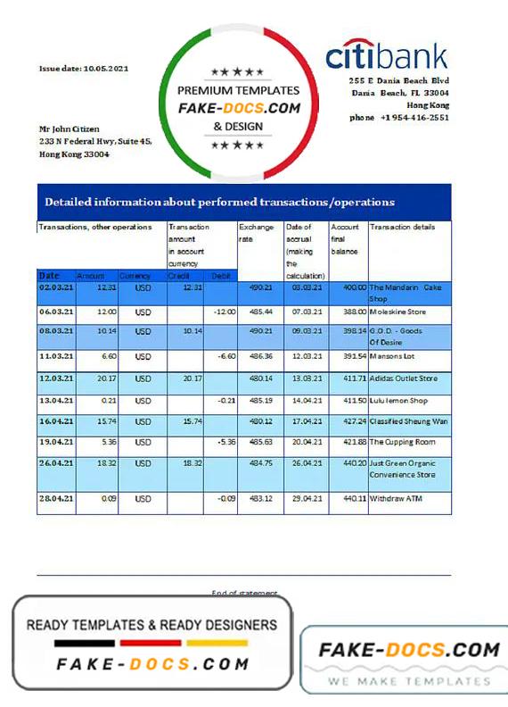 Hong Kong Citibank proof of address bank statement template in Excel and PDF format Hong Kong Citibank proof of address bank statement template in Excel and PDF format