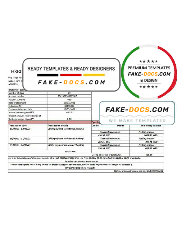 Hong Kong HSBC bank statement easy to fill template in .xls and .pdf file format Hong Kong HSBC bank statement easy to fill template in .xls and .pdf file format