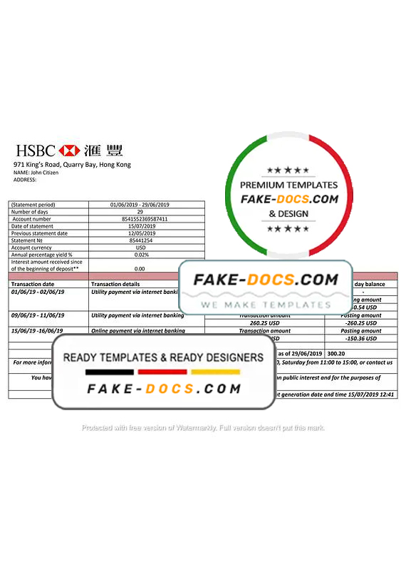 Hong Kong HSBC bank statement easy to fill template in Word and PDF format Hong Kong HSBC bank statement easy to fill template in Word and PDF format