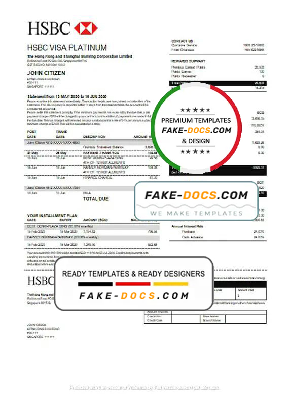 Hong Kong HSBC bank Visa Platinum credit card statement template in Word and PDF format Hong Kong HSBC bank Visa Platinum credit card statement template in Word and PDF format