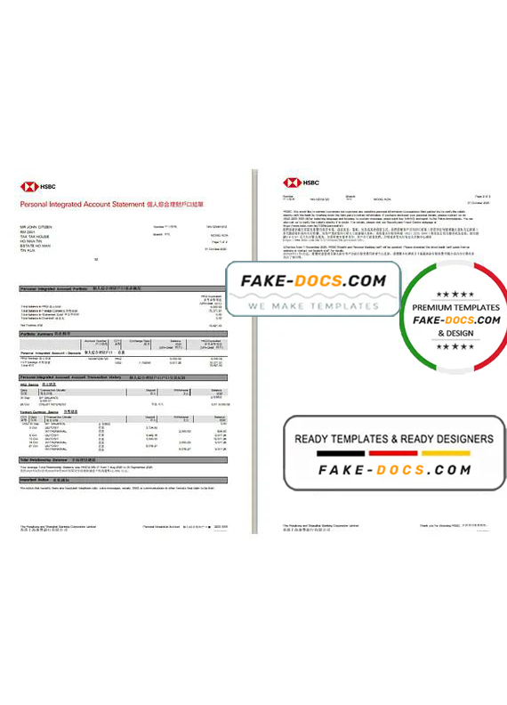 Hong Kong HSBC The Hongkong and Shanghai Banking Corporation Personal Integrated Account Statement template in Excel and PDF format (2 pages) Hong Kong HSBC The Hongkong and Shanghai Banking Corporation Personal Integrated Account Statement template in Excel and PDF format (2 pages)