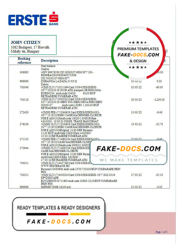 Hungary Erste Bank statement template in Word and PDF format Hungary Erste Bank statement template in Word and PDF format