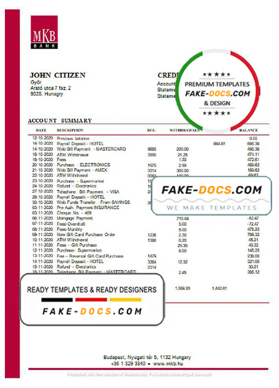 Hungary MKB Bank statement template in Word and PDF format Hungary MKB Bank statement template in Word and PDF format