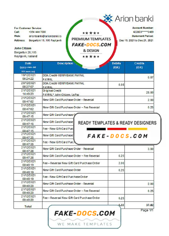 Iceland Arion Bank statement easy to fill template in .xls and .pdf file format Iceland Arion Bank statement easy to fill template in .xls and .pdf file format
