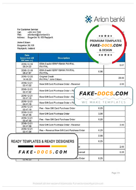 Iceland Arion Banki proof of address bank statement template in Word and PDF format Iceland Arion Banki proof of address bank statement template in Word and PDF format