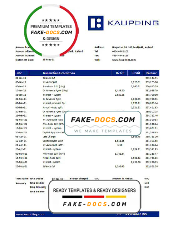 Iceland Kaupthing Bank statement easy to fill template in Excel and PDF format Iceland Kaupthing Bank statement easy to fill template in Excel and PDF format