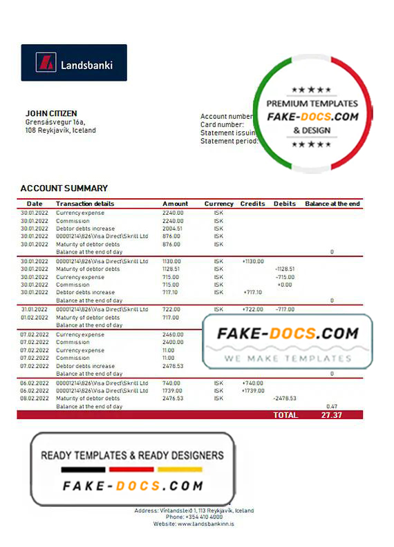 Iceland Landsbanki proof of address bank statement template in Word and PDF format Iceland Landsbanki proof of address bank statement template in Word and PDF format