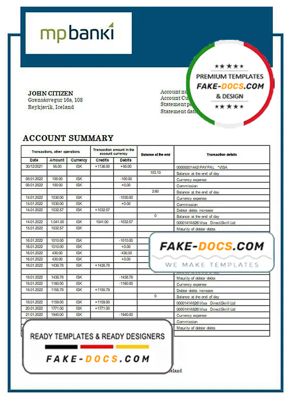 Iceland MP Bank statement template in Word and PDF format (.doc and .pdf) Iceland MP Bank statement template in Word and PDF format (.doc and .pdf)