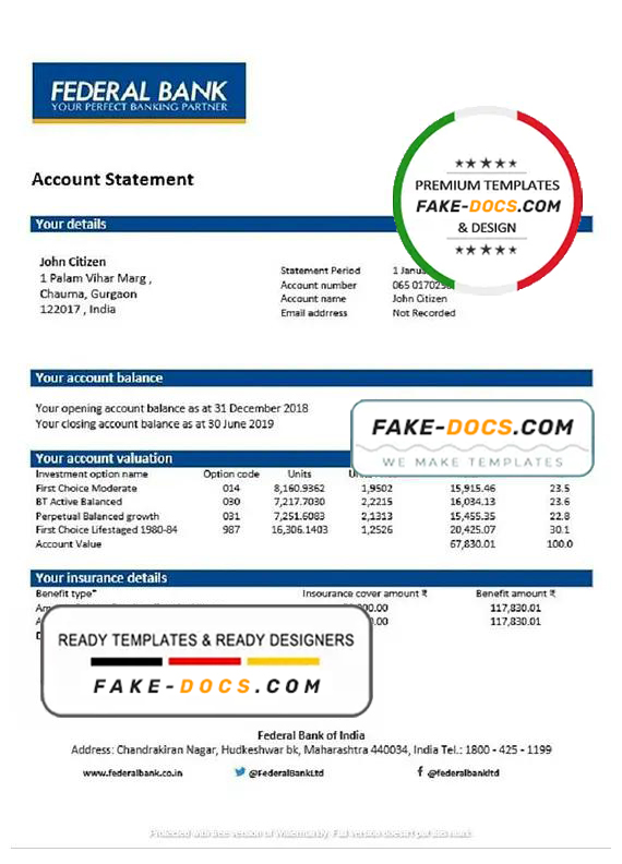 India Federal Bank proof of address statement template in Word and PDF format, .doc and .pdf format India Federal Bank proof of address statement template in Word and PDF format, .doc and .pdf format