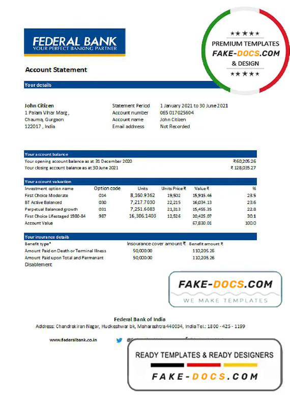 India Federal Bank statement easy to fill template in .xls and .pdf file format India Federal Bank statement easy to fill template in .xls and .pdf file format