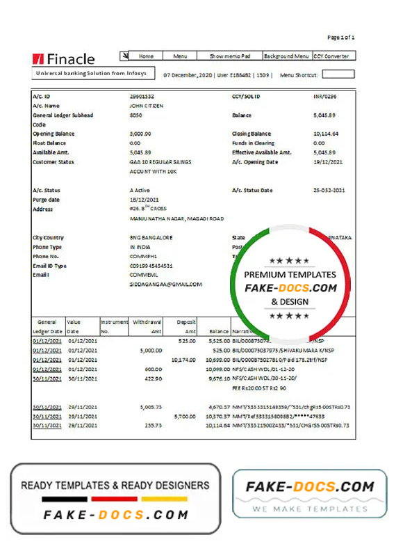 India Finacle bank statement easy to fill template in Excel and PDF format India Finacle bank statement easy to fill template in Excel and PDF format