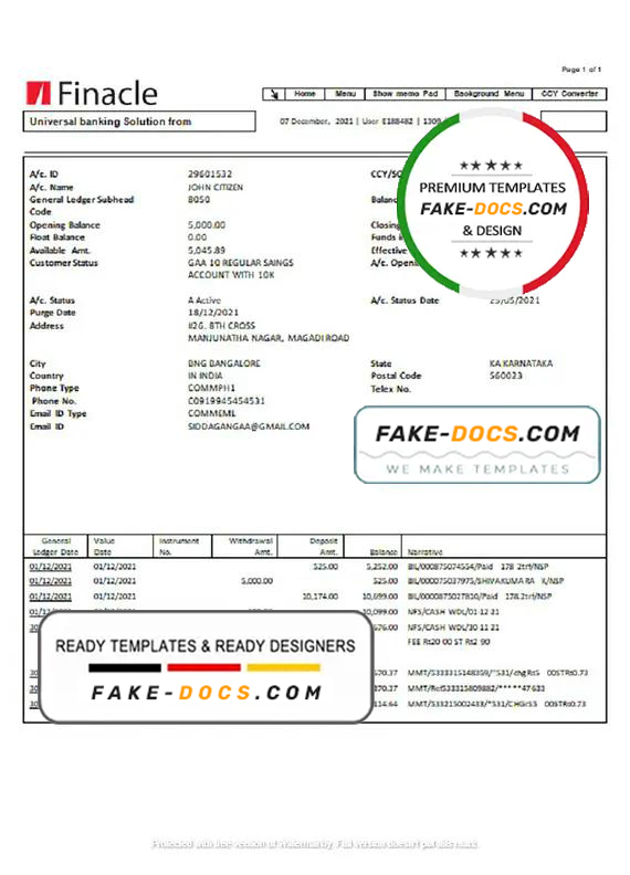 India Finacle bank statement easy to fill template in Word and PDF format India Finacle bank statement easy to fill template in Word and PDF format