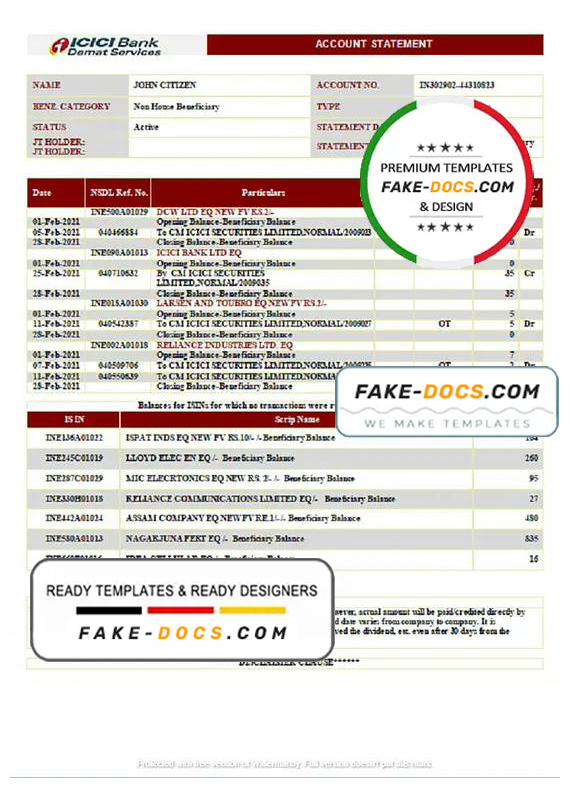India ICICI Bank statement template in .doc and .pdf format India ICICI Bank statement template in .doc and .pdf format