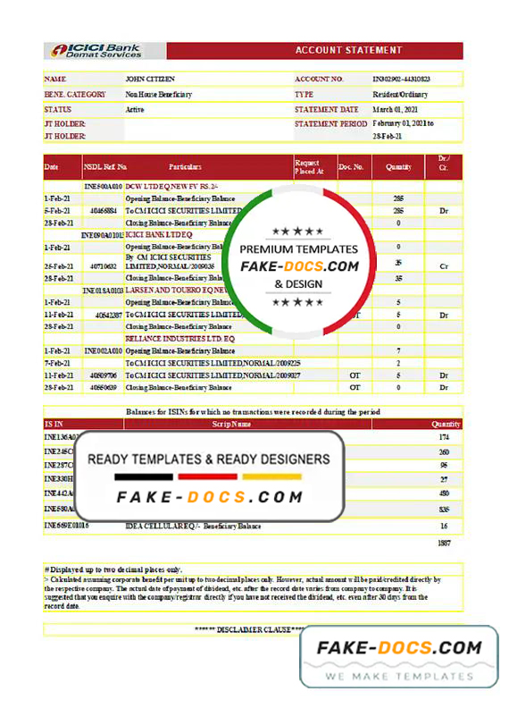 India ICICI Bank statement template in .xls and .pdf file format India ICICI Bank statement template in .xls and .pdf file format