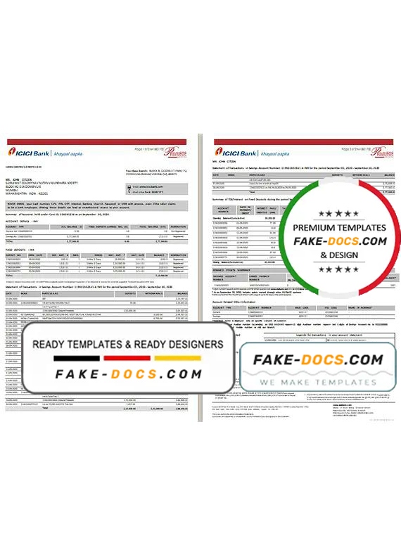 India ICICI Bank statement template in Excel and PDF format (2 pages) India ICICI Bank statement template in Excel and PDF format (2 pages)