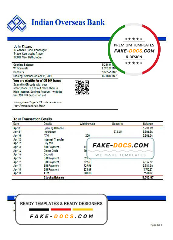 India Indian Overseas Bank statement template in Word and PDF format India Indian Overseas Bank statement template in Word and PDF format
