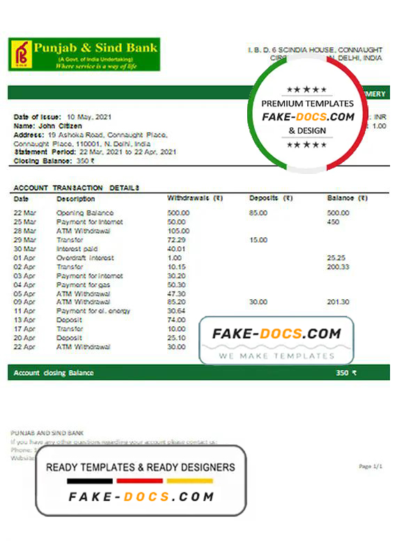 India Punjab and Sind Bank statement template in Word and PDF format India Punjab and Sind Bank statement template in Word and PDF format