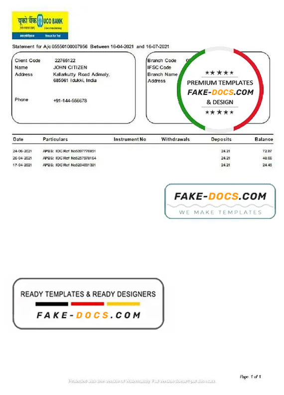 India UCO bank statement template in Word and PDF format India UCO bank statement template in Word and PDF format