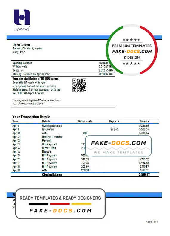 Iran Bank Sederet Iran proof of address bank statement template in Word and PDF format Iran Bank Sederet Iran proof of address bank statement template in Word and PDF format