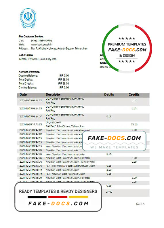 Iran Bank Sepah proof of address bank statement template in Word and PDF format Iran Bank Sepah proof of address bank statement template in Word and PDF format