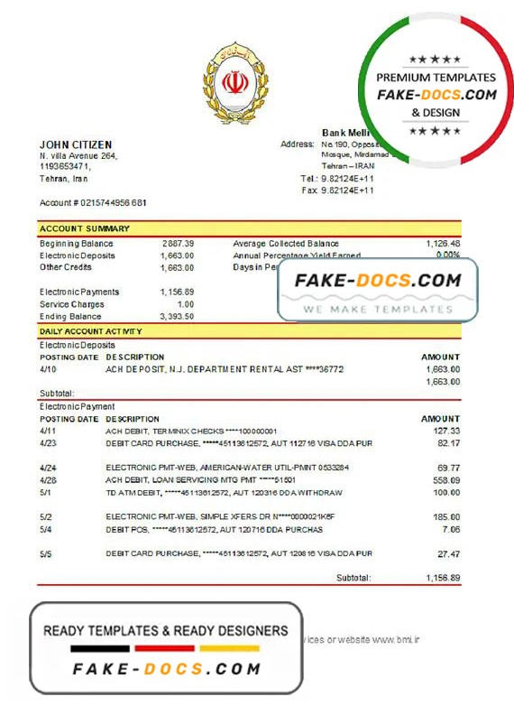 Iran Melli Bank statement template in .xls and .pdf file format Iran Melli Bank statement template in .xls and .pdf file format