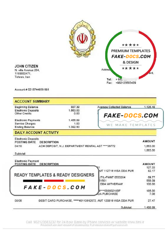 Iran Melli Bank statement template in Word and PDF format, good for address prove Iran Melli Bank statement template in Word and PDF format, good for address prove