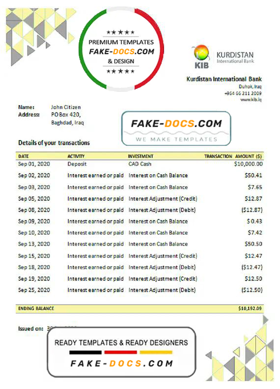 Iraq Kurdistan International Bank proof of address statement template in Excel and PDF format Iraq Kurdistan International Bank proof of address statement template in Excel and PDF format