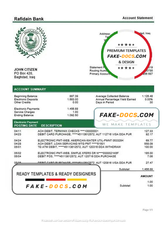Iraq Rafidain bank statement easy to fill template in Word and PDF format Iraq Rafidain bank statement easy to fill template in Word and PDF format