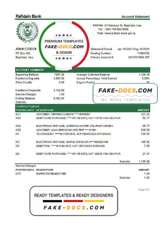 Iraq Rafidain Bank statement template in .xls and .pdf file format Iraq Rafidain Bank statement template in .xls and .pdf file format