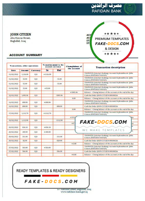 Iraq Rafidain proof of address bank statement in Word and PDF format Iraq Rafidain proof of address bank statement in Word and PDF format