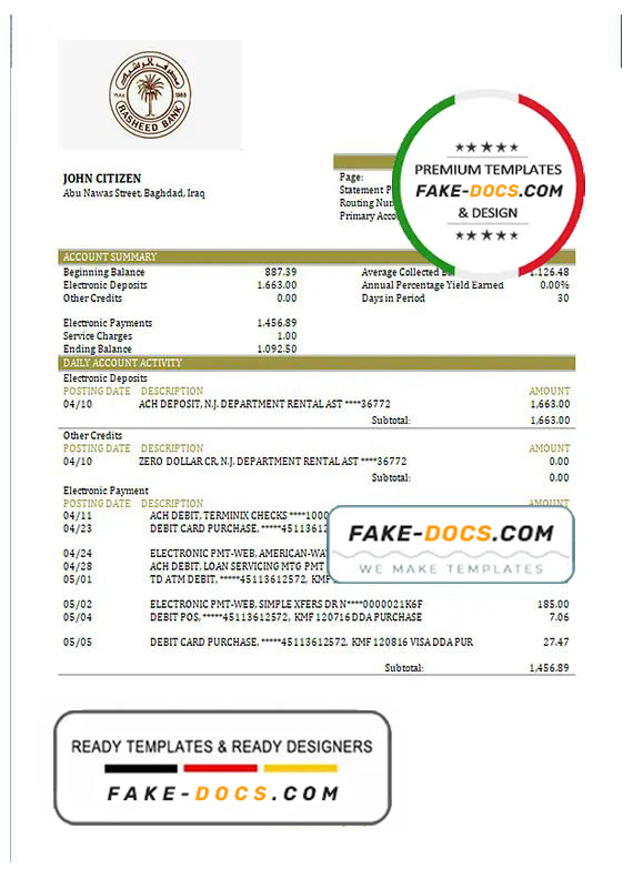 Iraq Rasheed proof of address bank statement in Word and PDF format Iraq Rasheed proof of address bank statement in Word and PDF format