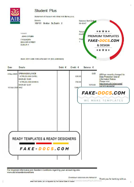 Ireland AIB bank statement template in Word and PDF format Ireland AIB bank statement template in Word and PDF format