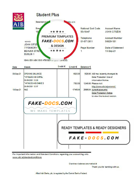 Ireland AIB bank statement easy to fill template in Excel and PDF format Ireland AIB bank statement easy to fill template in Excel and PDF format