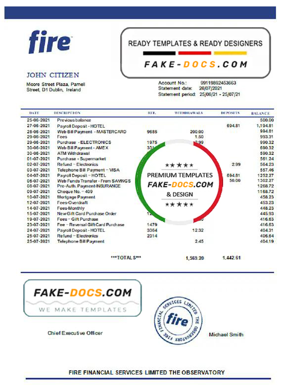 Ireland Fire Financial Services Limited account statement template in Word and PDF format Ireland Fire Financial Services Limited account statement template in Word and PDF format