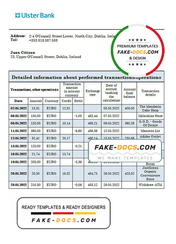 Ireland Ulster proof of address bank statement in Word and PDF format Ireland Ulster proof of address bank statement in Word and PDF format