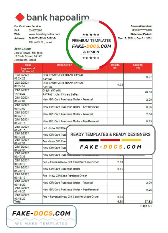Israel Bank Hapoalim bank statement easy to fill template in .xls and .pdf file format Israel Bank Hapoalim bank statement easy to fill template in .xls and .pdf file format